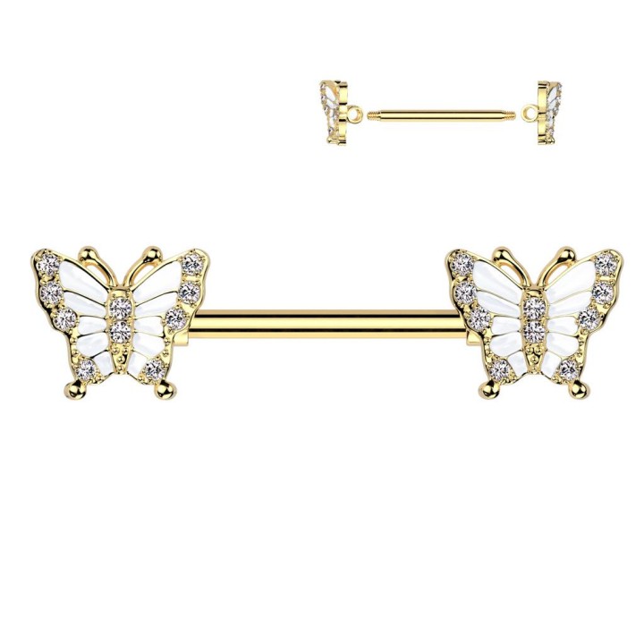 Piercing téton papillons doré pavés de strass