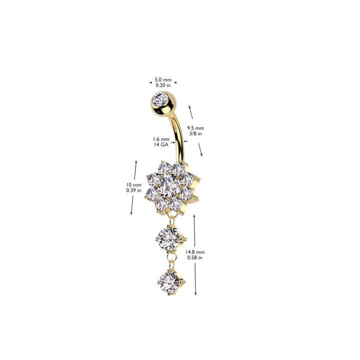 Piercing nombril fleur doré pendentif double strass acier chirurgical