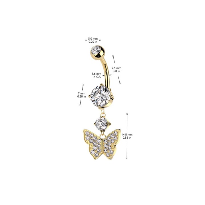 Piercing nombril papillon doré pendentif strass acier chirurgical