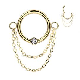 Piercing anneau doré double chaine et zircon (oreille, septum)