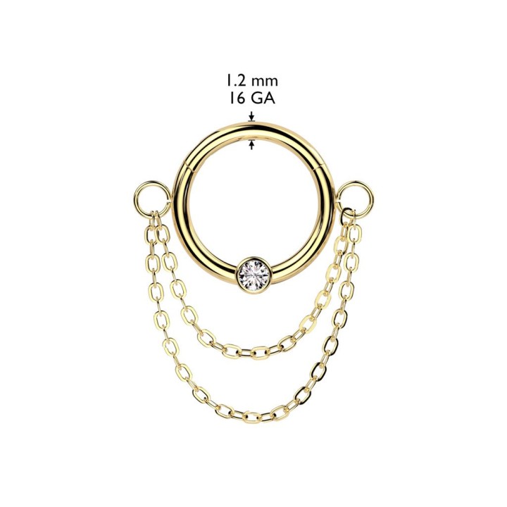 Piercing anneau doré double chaine et zircon