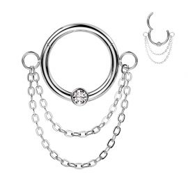 Piercing anneau argenté double chaine et zircon