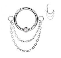 Piercing anneau argenté double chaine et zircon