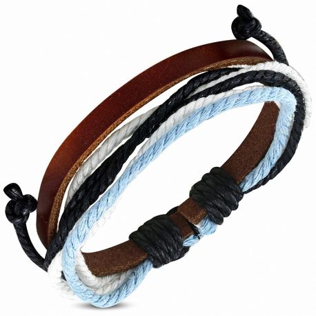 Bracelet homme en cuir marron avec cordon blanc bleu 024