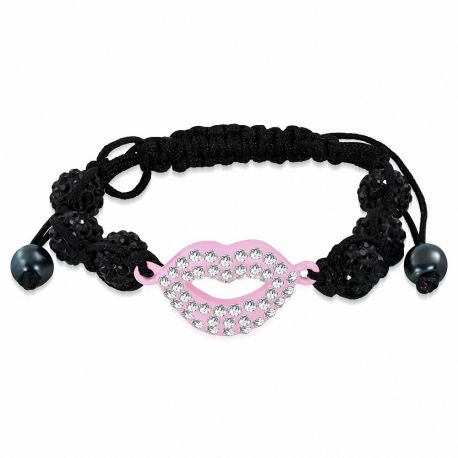 Bracelet shamballa à billes noir bouche rose cristaux 158