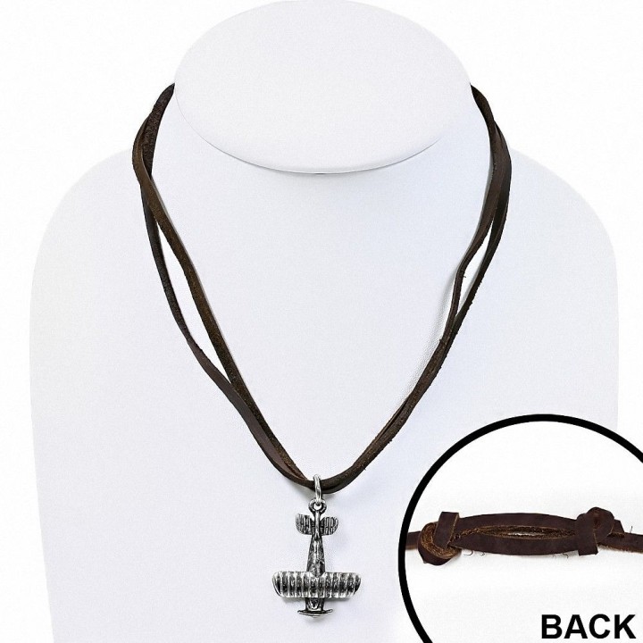 Collier en cuir brun avec pendentif breloque avion