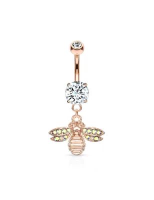 Piercing nombril pendentif abeille pavée de cristaux plaqué or rose