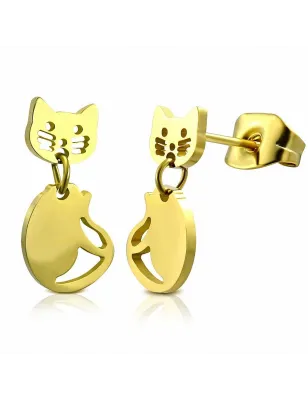 Paire Boucles d'oreille acier inoxydable doré chat articulé