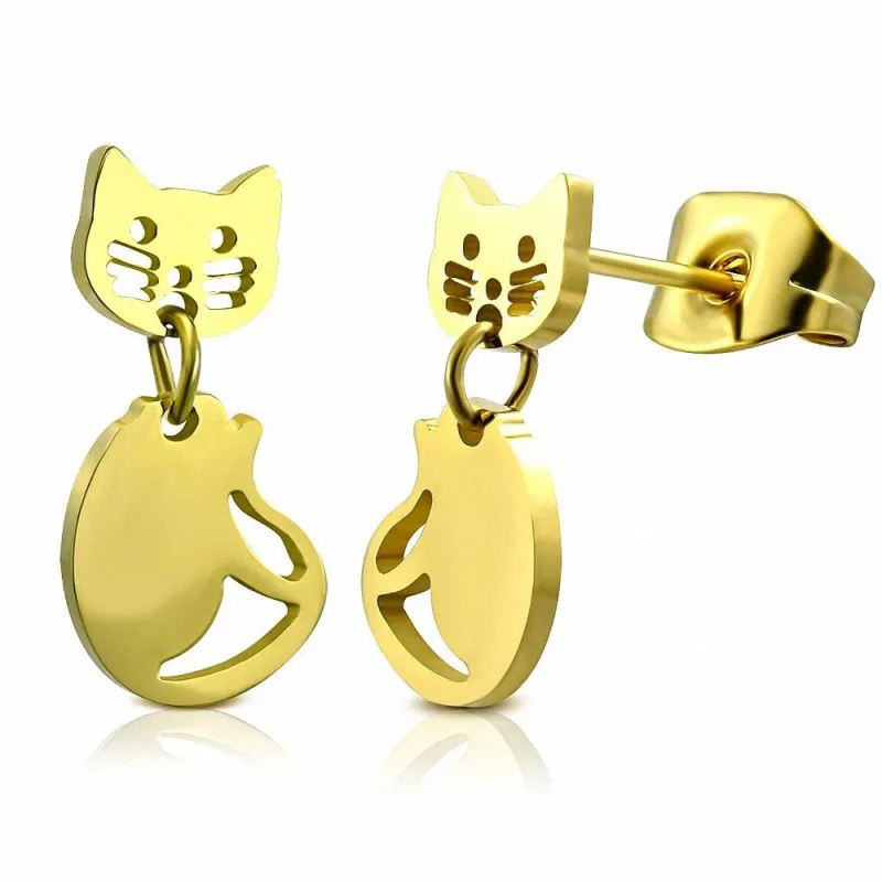 Paire Boucles d'oreille acier inoxydable doré chat articulé