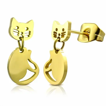 Paire Boucles d'oreille acier inoxydable doré chat articulé