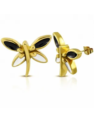 Paire Boucles d'oreille acier inoxydable doré libellule email noir blanc