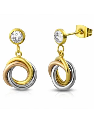 Paire Boucles d'oreille acier inoxydable doré anneaux créoles 3 tons