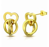Paire Boucles d'oreille acier inoxydable doré coeur double anneaux