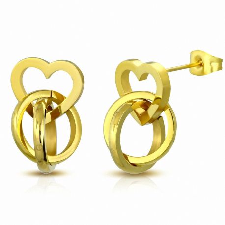 Paire Boucles d'oreille acier inoxydable doré coeur double anneaux