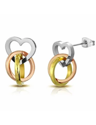 Paire Boucles d'oreille acier inoxydable coeur double anneaux 3 tons