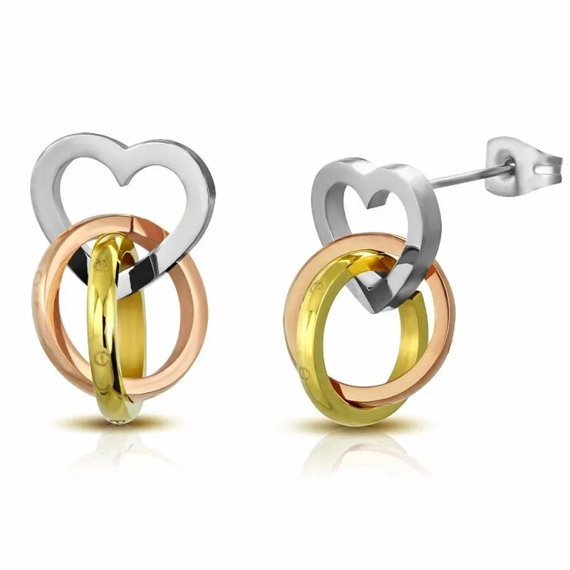 Paire Boucles d'oreille acier inoxydable coeur double anneaux 3 tons