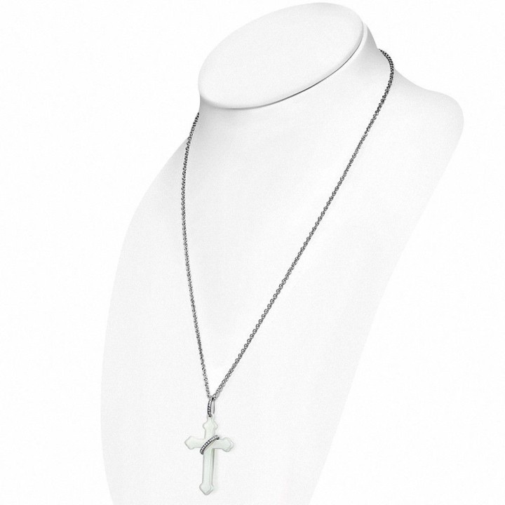 Collier acier avec pendentif croix anneau céramique blanche