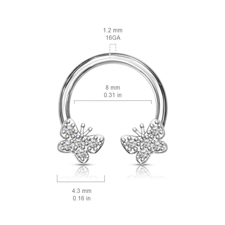 Piercing fer à cheval papillons zircon blanc
