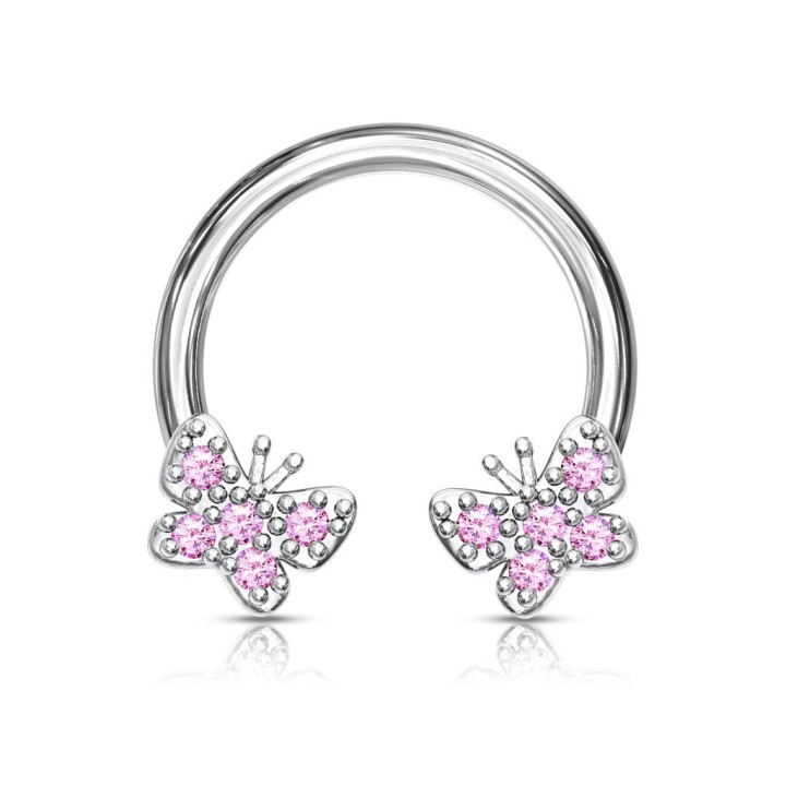 Piercing fer à cheval papillons zircon rose