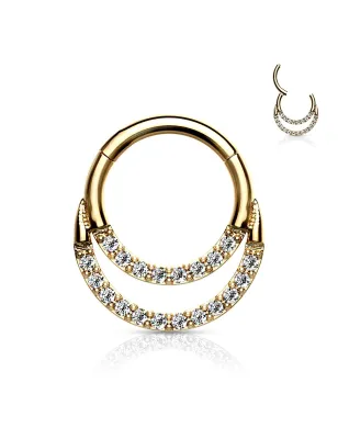 Piercing anneau segment doré double ligne de strass (oreille, daith, septum)