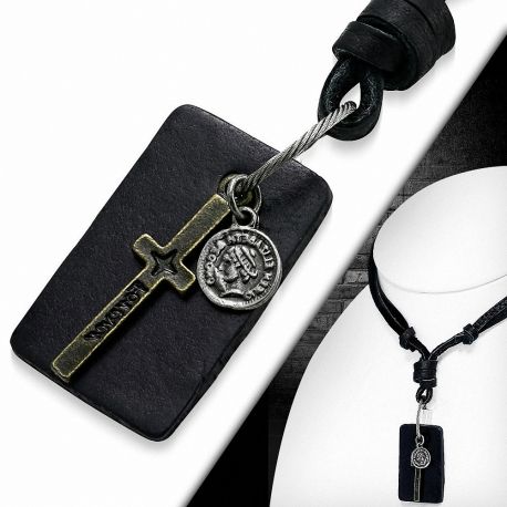 Collier en cuir noir avec pendentif croix plaque cuir