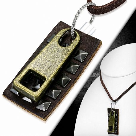 Collier en cuir marron avec pendentif plaque à pyramides zipette