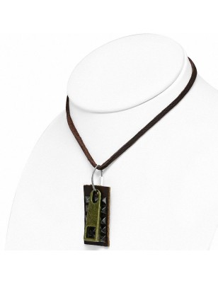 Collier en cuir marron avec pendentif plaque à pyramides zipette