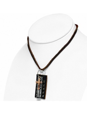 Collier en cuir marron avec pendentif plaque à pyramides biker
