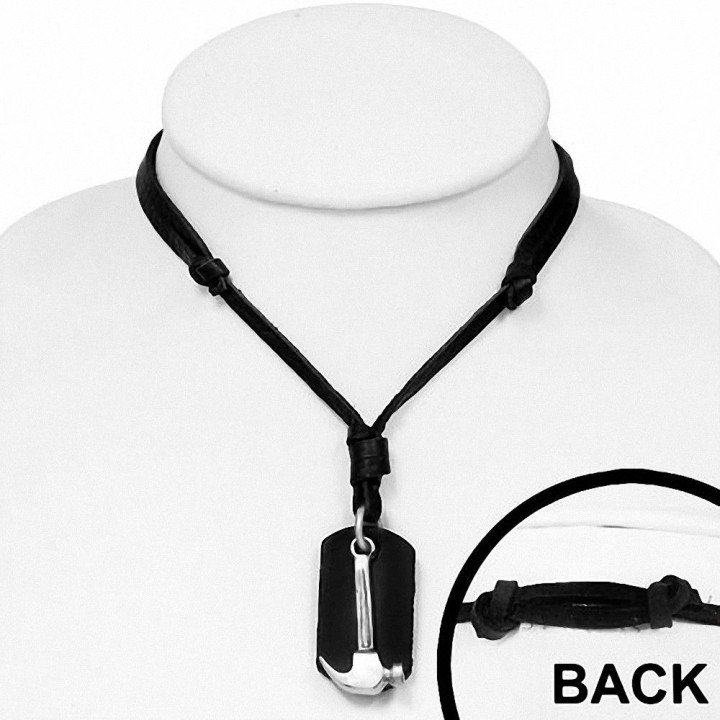 Collier en cuir noir avec pendentif marteau plaque militaire