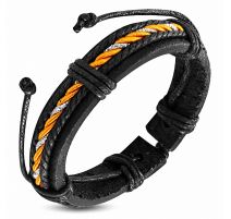 Bracelet en cuir noir et corde orange 054
