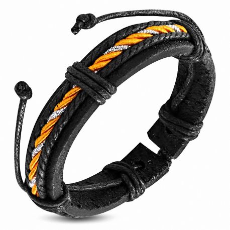 Bracelet en cuir noir et corde orange 054