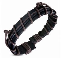 Bracelet en cuir noir et corde marron 060