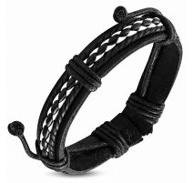 Bracelet en cuir noir et corde tressée bicolore 068