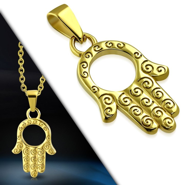 Pendentif en acier doré main de fatma cercle