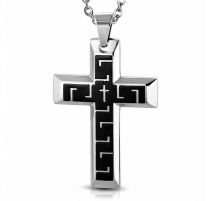 Pendentif en acier large croix motif clé grecque noir
