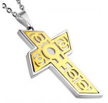 Pendentif en acier large croix motif symbole féminin doré