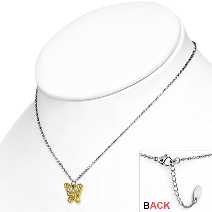 Collier en acier avec pendentif doré papillon strass