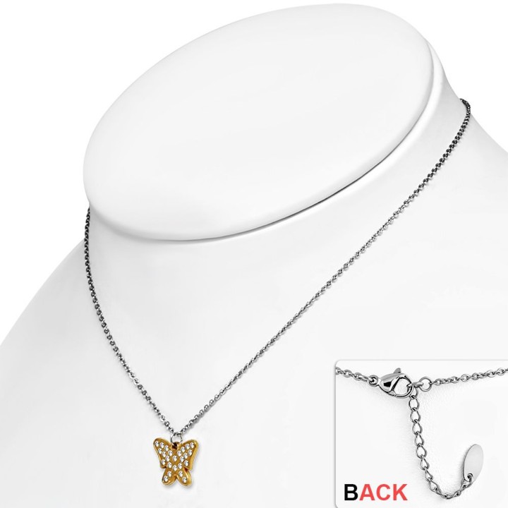 Collier en acier avec pendentif cuivré papillon strass