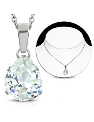Collier en acier avec pendentif larme zircon blanc