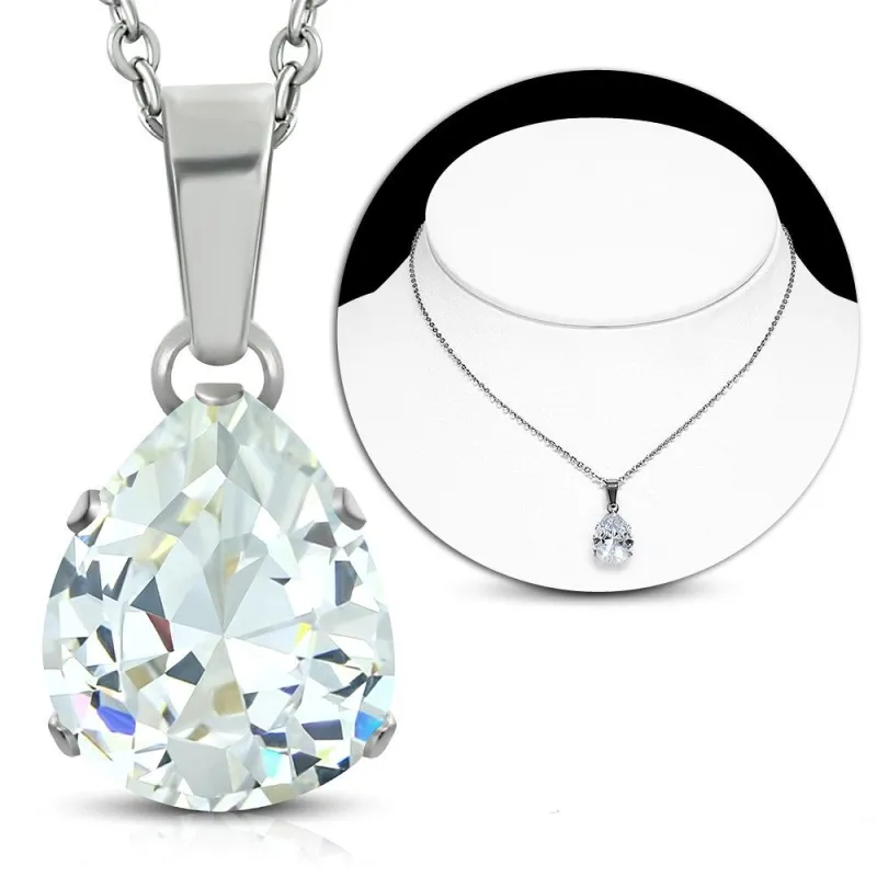 Collier en acier avec pendentif larme zircon blanc