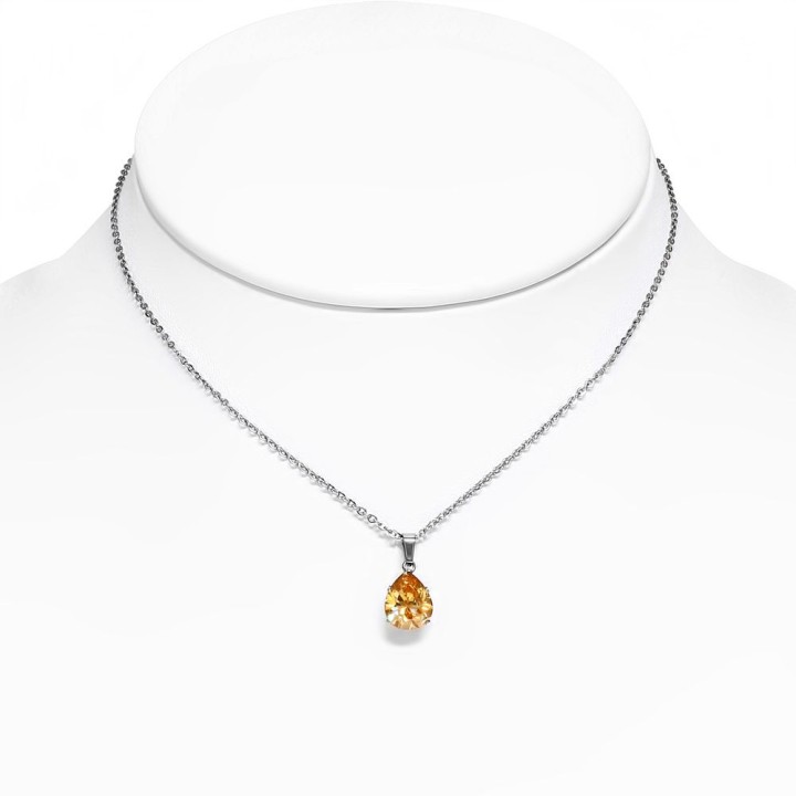Collier en acier avec pendentif larme zircon topaze