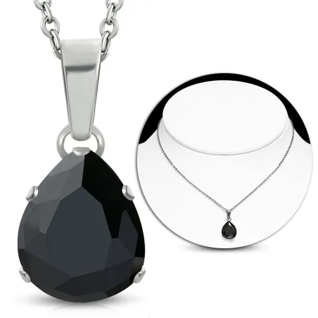 Collier en acier avec pendentif larme zircon noir