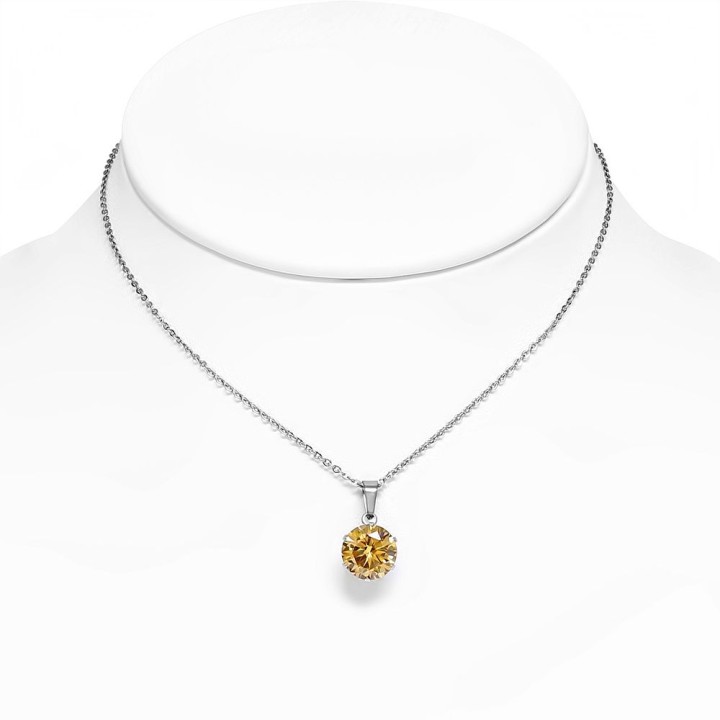 Collier en acier avec pendentif rond zirconium topaze