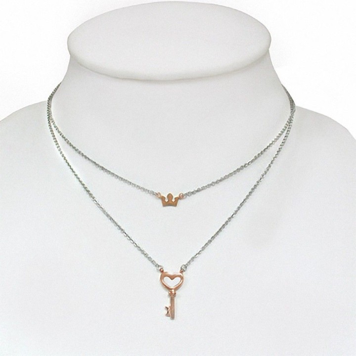 Collier en acier avec pendentif clef et couronne cuivré