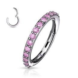 Piercing oreille anneau à charnière serti de strass rose