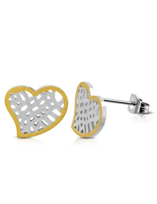 Paire Boucles d'oreille acier inoxydable coeur grillagé bicolore