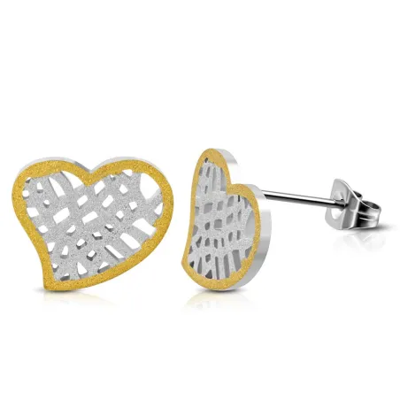 Paire Boucles d'oreille acier inoxydable coeur grillagé bicolore