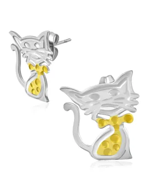 Paire Boucles d'oreille acier inoxydable motif chat bicolore