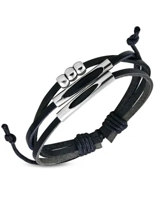 Bracelet en cuir noir tressé billes métal 152