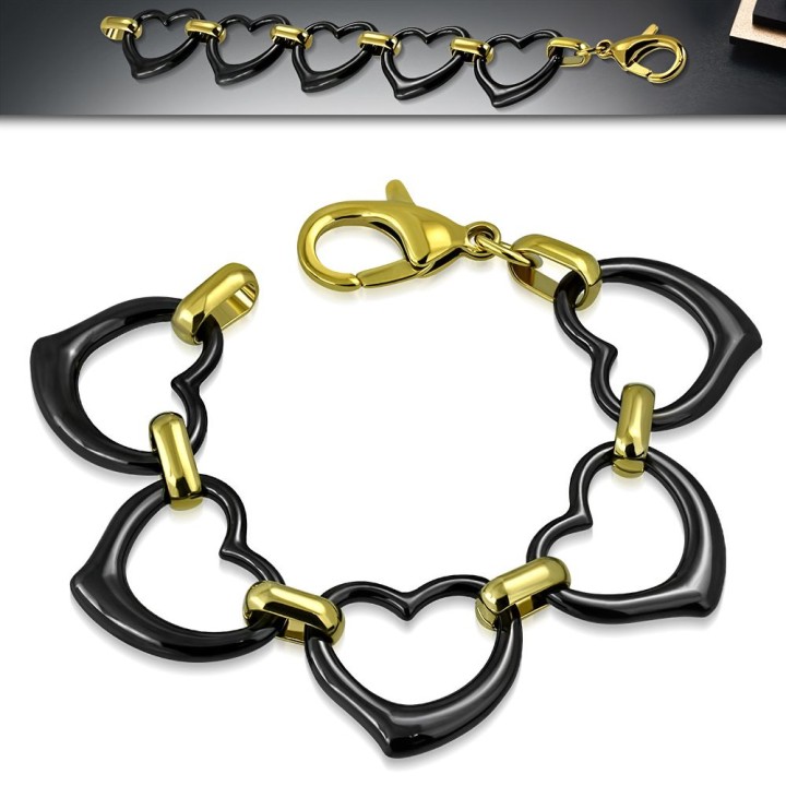 Bracelet céramique noire coeurs et liens dorés